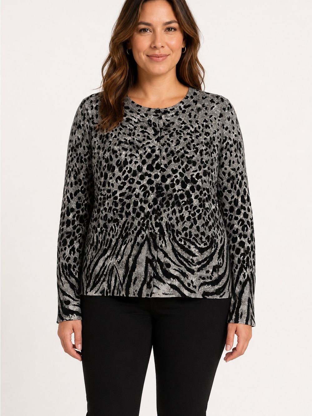 Anne Klein Sport Mixed Animal Print Button Cardigan Grey Black XL